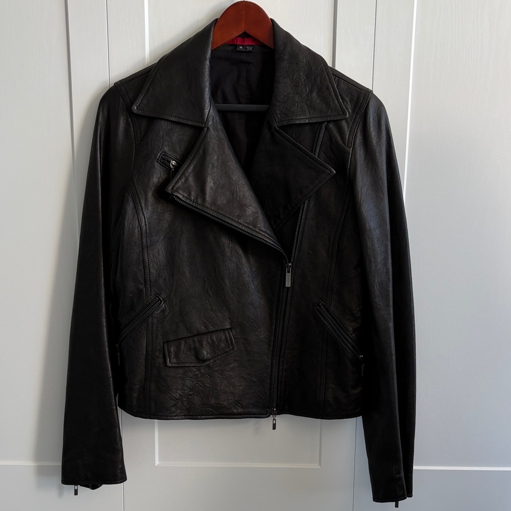 Theory Black Leather Rudari Moto Jacket w/ Corset Back Detail – Size M - Picture 10 of 12